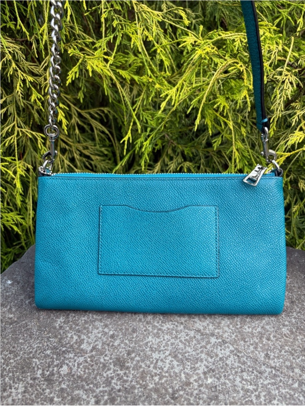 Coach Teal Blue Pebbled Leather Chain Crossbody Bag Pouch EUC - Picture 3 of 13
